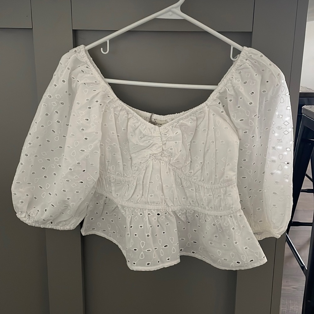 Women’s Puff Elbow Sleeve Eyelet Shirt - A New Day, White, XS, Brand New